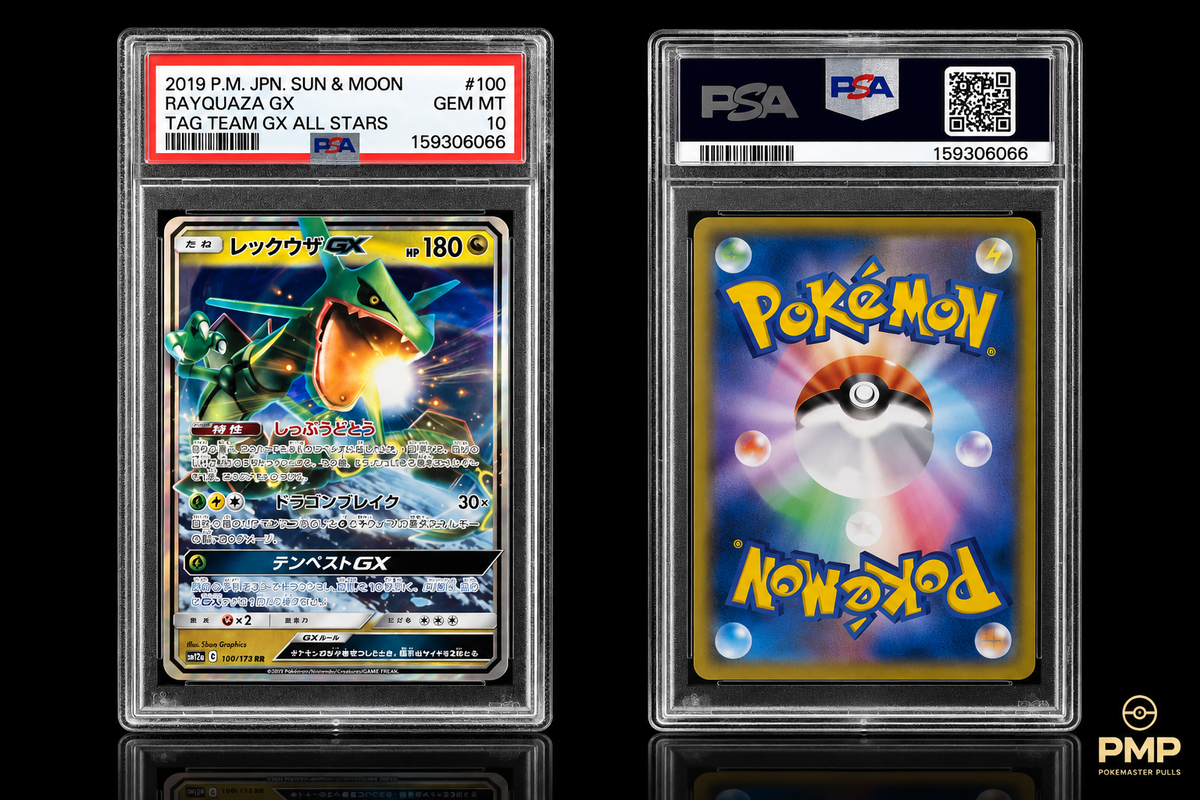 Pokemaster Pulls 2019 Japanese Rayquaza GX 100 Tag Team GX All Stars PSA 10 front and back