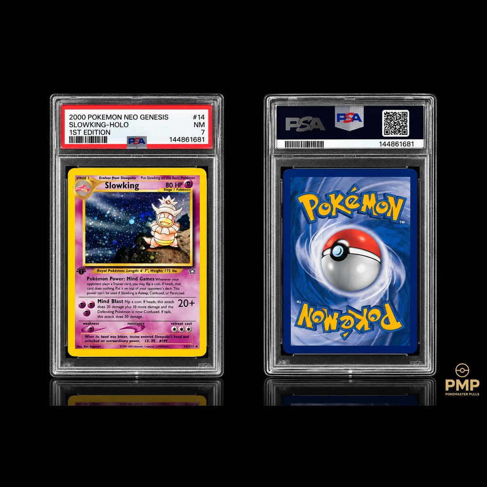 Pokemaster Pulls 2000 Neo Genesis Slowking 1st Edition 14 PSA 7 front and back on black square background