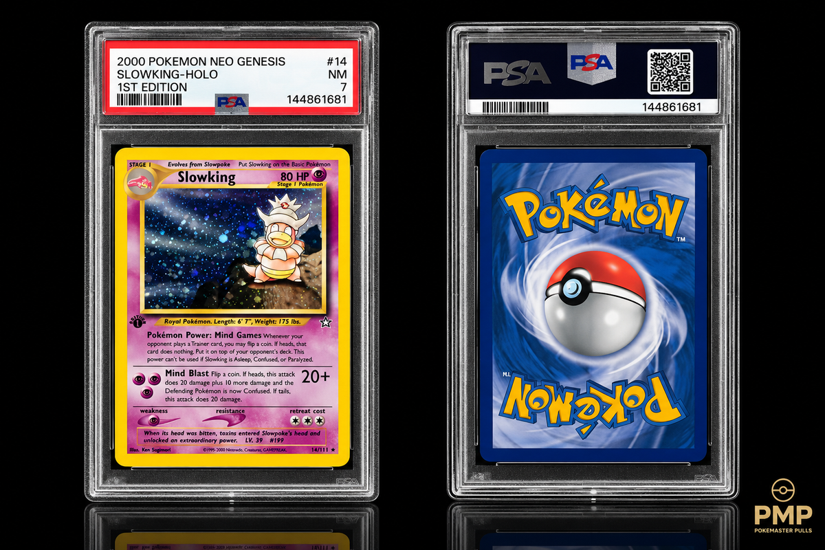 Pokemaster Pulls 2000 Neo Genesis Slowking 1st Edition 14 PSA 7 front and back