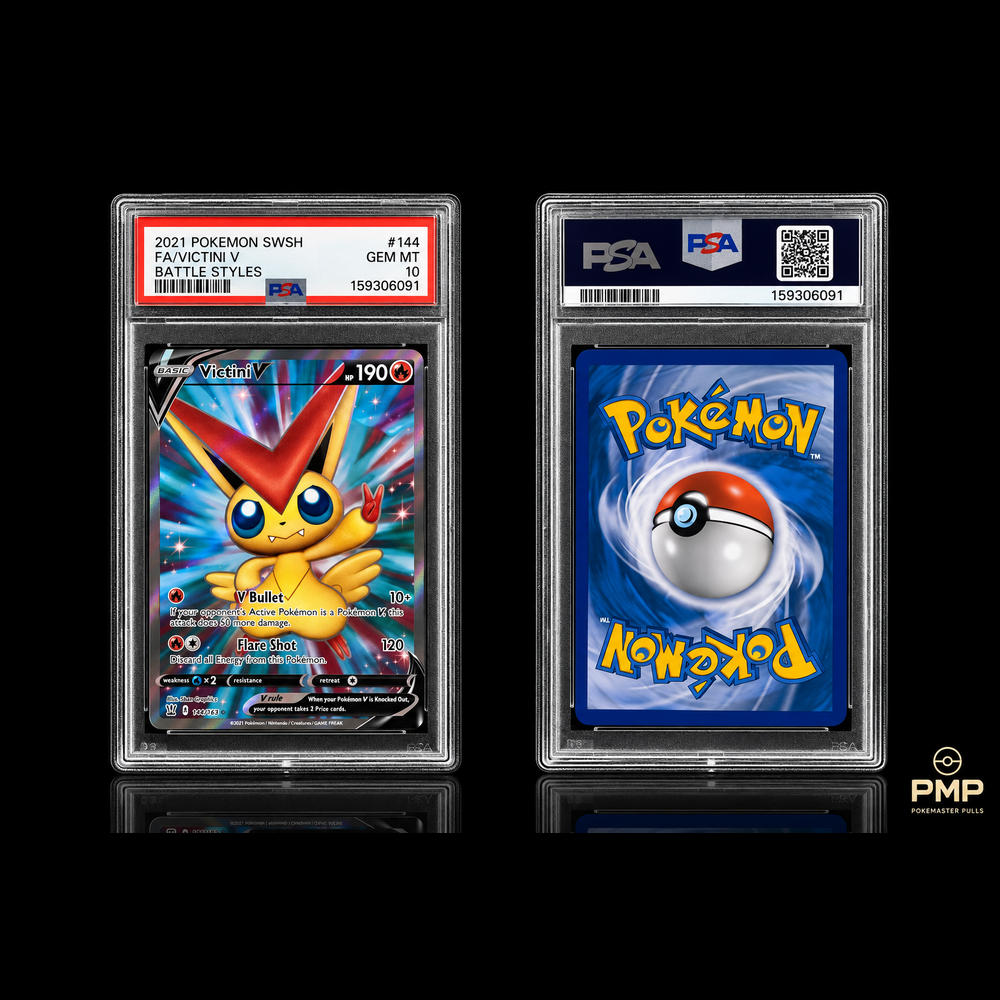 Pokemaster Pulls Victini V 144 Battle Styles PSA 10 front and back on black square background