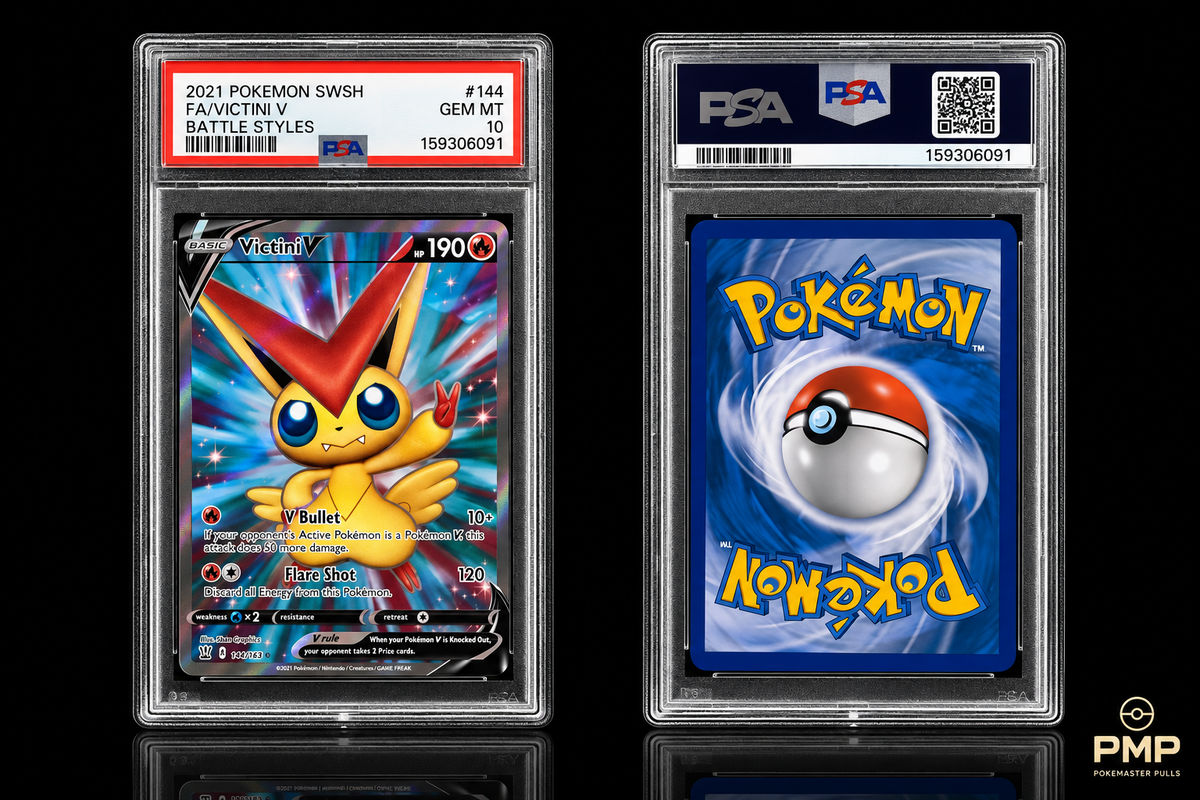 Pokemaster Pulls Victini V 144 Battle Styles PSA 10 front and back