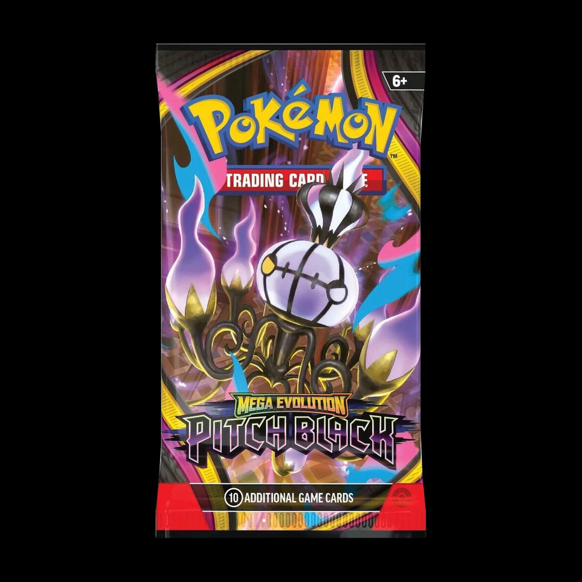 Pokémon Mega Evolution Pitch Black booster pack on a black background